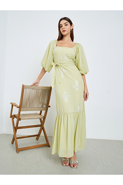 Styli Women Green Embellished Puff Sleeve Maxi Dress