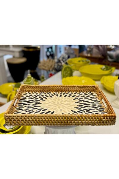 Sever ANTRASİT KREM ÇİÇEK RATTAN SEDEFLİ TEPSİ 26X36X5CM