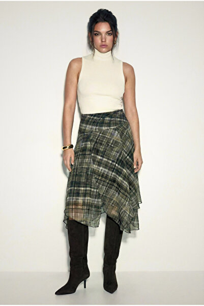 Bianco Lucci Дамска асиметрична пола с дължина до коляното с тартан мотив 200...