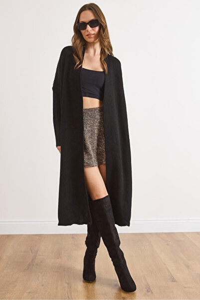 Olalook Women's Black Shawl Collar Long Knitwear Cardigan Hrk-19000466