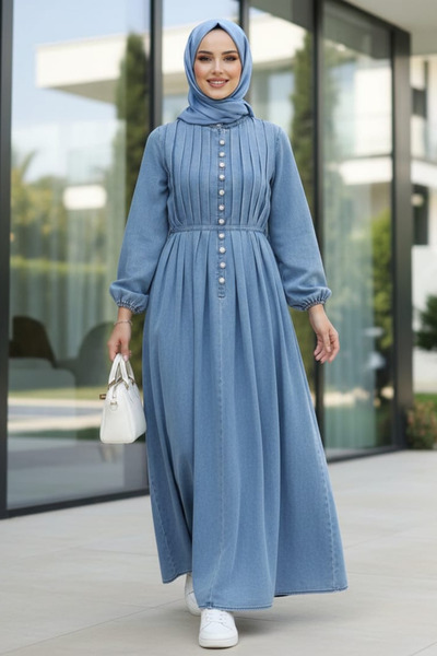 Hb Harma Time Butik Women's Pleated Detailed Buttoned Lace-Up Light Blue Deni...