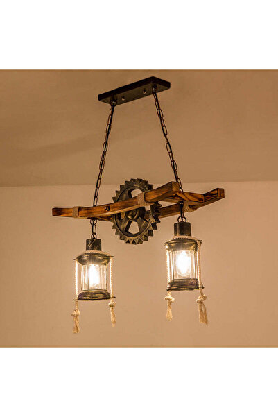 ALC-Shop Lustra Vintage cu Franghie LV590/2BK, 2xE27 Lemn Inchis