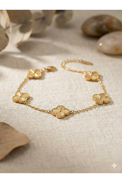 AUREVLİS Çelik Zincirli Yonca Detaylı Gold Kadın Bileklik