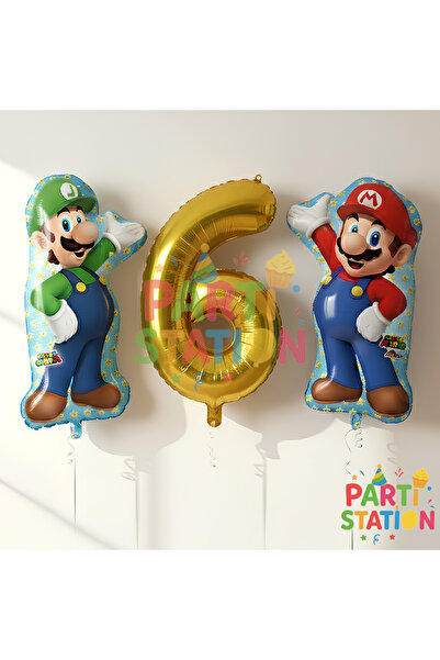 Parti Station Super Mario & Luigi 6 Yaş Gold Rakam Balon Seti