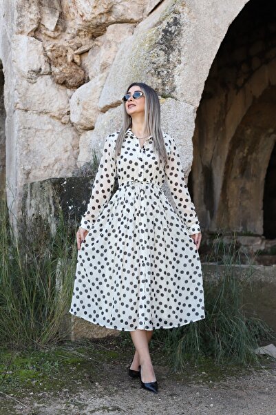 bytugcekaya White Polka Dot Chiffon Shirred Waist Lined Shirt Dress
