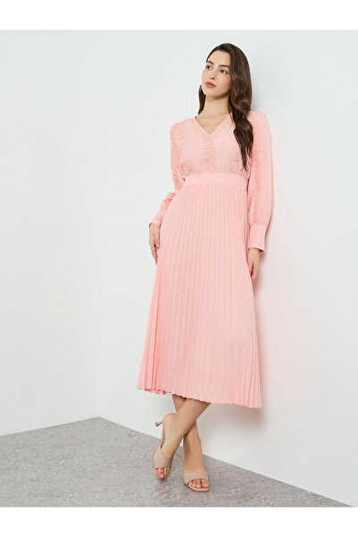 Take Two By Styli Women Lace Insert Pleated Midi Dress