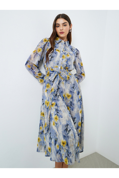 Styli Women Blue Floral Print Midi Shirt Dress