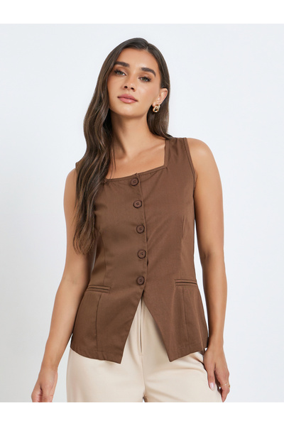 Styli Women Brown Solid Square Neck Waistcoat