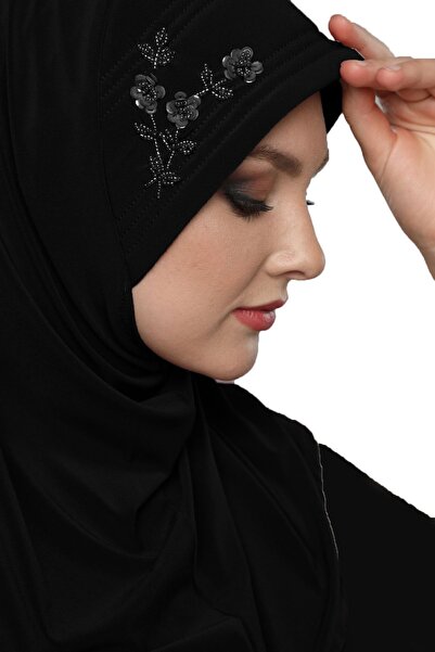 elysianfidan Takmatik Taşlı El Işi Boncuk Işlemeli Siyah Hazır Türban Tesettü...