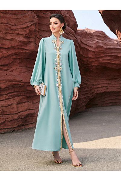 Take Two By Styli Women Turquoise Rhinestone Embellished Golden Trim Jalabiya