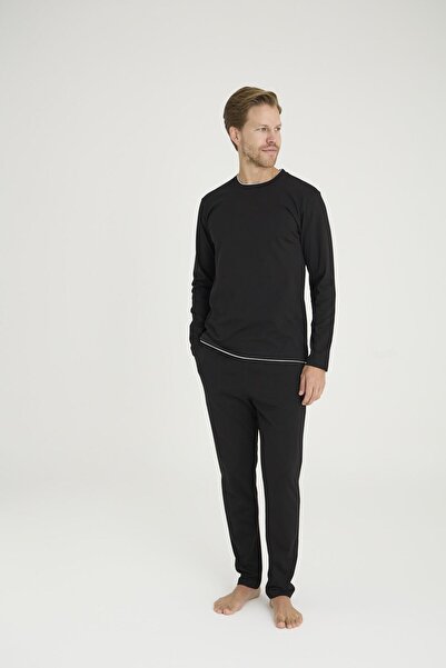 KLY طقم بيجامة رجالي بياقة متوسطة الطول مصنوع من القطن بنسبة 100% بأكمام طويل...