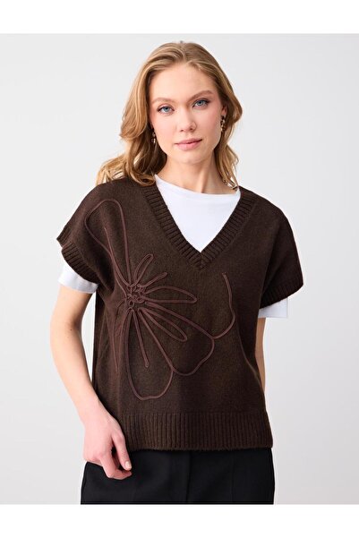 Jimmy Key Bitter Brown Relaxed Cut V-Neck Floral Patterned Knitwear Sweater