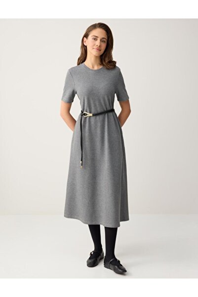 Jimmy Key Gri Melanj Rahat Kesim Kısa Kollu Bisiklet Yaka Midi Örme Elbise