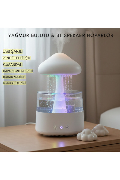 EVİST YAĞMUR BULUTU BT HOPARLÖR USB ŞARJLI & LEDLİ IŞIK & KUMANDA HAVA NEMLENDİRİCİ BUHAR & KOKU GİDERİCİ