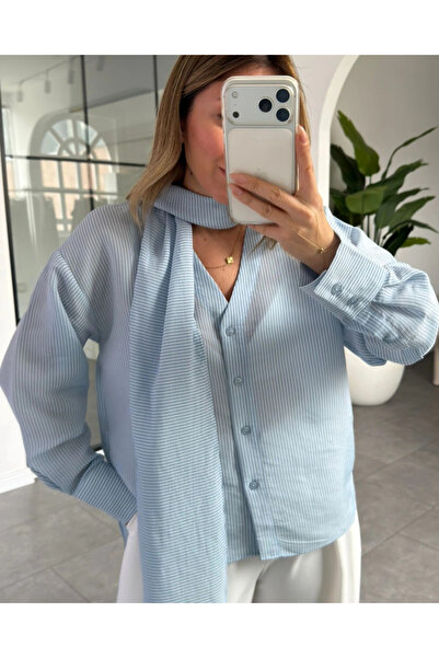 My Blog Blue Striped V-Neck Shirt with Shawl - 70242