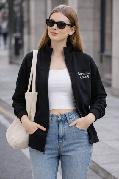 Polo State سترة رياضية نسائية سوداء بسحّاب أمامي - سترة رياضية يومية بقصة عادية