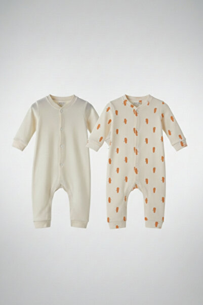 LOGO AKSESUAR Baby Boy Ecru Carrot Printed 100% Cotton 2-Piece Jumpsuit Set
