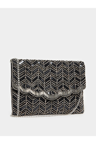 Styli Women Black Embellished Clutch Bag