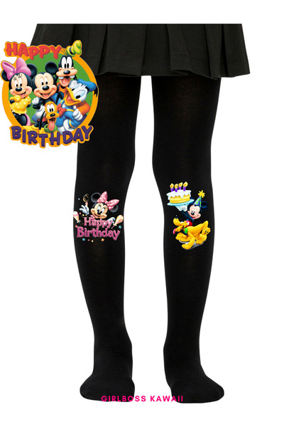 Girlboss Kawaii Minnie / Mickey Mouse Doğum Günü siyah külotlu çorap mat opak