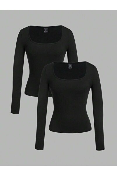 PALPİTO بدلة نسائية من القطن الممشط بياقة منخفضة وكم طويل بلونين