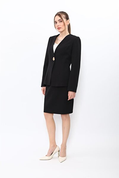 ÖNDER ÖZSOY V-Neck Single Button Classic Jacket & Mini Slit Short Tight Skirt...