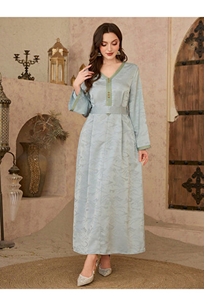 Take Two By Styli جلابية نسائية زرقاء من قماش الجاكار بحزام بتصميم A-Line