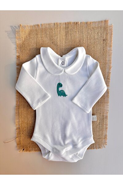 Mama Miel Baby Blue Dinosaur Embroidered Snap Fastener Bodysuit - 100% Cotton