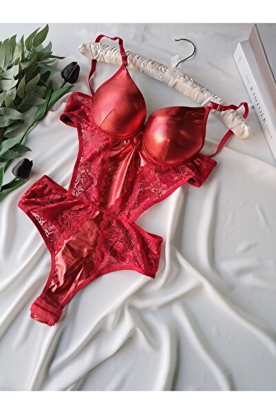 ROZENİN LINGERIE Destekli Deri Görünümlü Dantel Detaylı Çıtçıtlı Body
