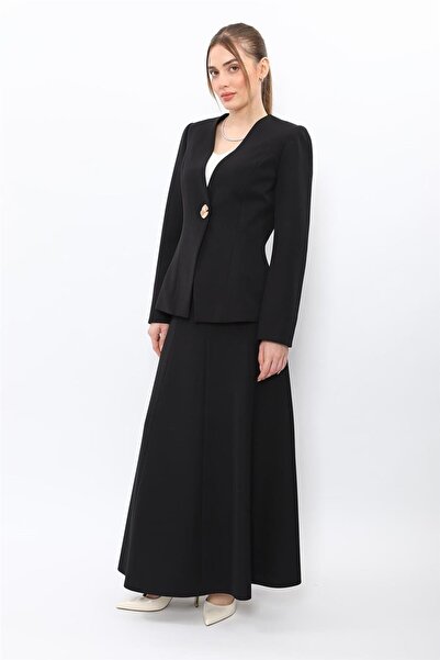 ÖNDER ÖZSOY V-Neck Single Button Classic Jacket & Long Piece Flared Skirt Wom...