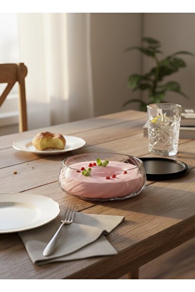 FARALYAHOME Akasya Kapaklı Desenli Cam Sunum Kase 23x7 CM Salata Kasesi Tatlı Kasesi Sunumluk