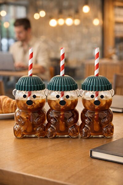 ARVALE 3'lü Ayı Formlu Cam Barista Bardak - Yeşil Bereli İçecek Bardağı 500 ml