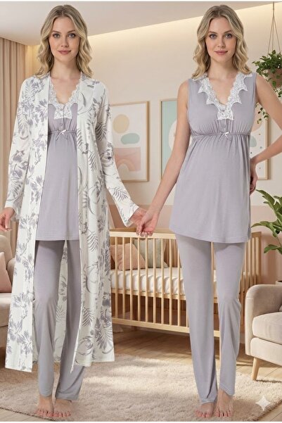 BLACKMORE Women's Gray Lace Detailed Patterned Cotton Maternity Pajama Set wi...