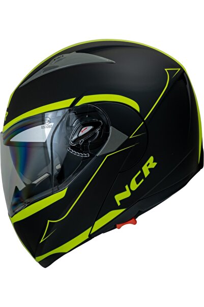 NCR 158 SARI SİYAH GRAFİK ÇENE AÇILIR MOTOSİKLET KASKI ECE 22.06 ve DOT