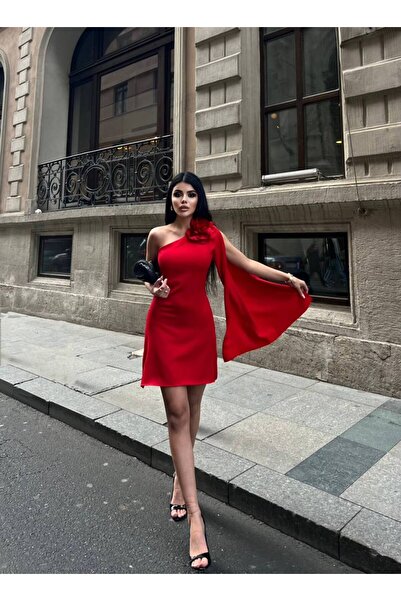 conconmoda Kadın Şık Çiçek Şal Detaylı Mini Söz Nişan Mezuniyet Elbise