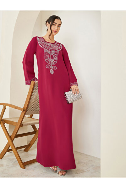 Amirah By Styli Women Red Embroidered A-Line Jalabiya