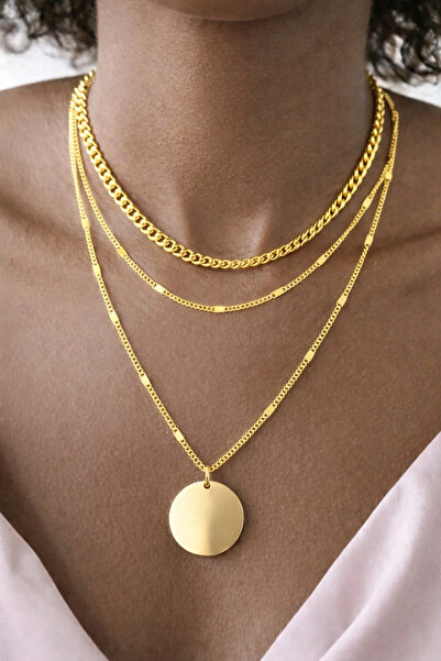 Çeram Katlı Büyük Zincir Pullu Altın Renkli Kolye