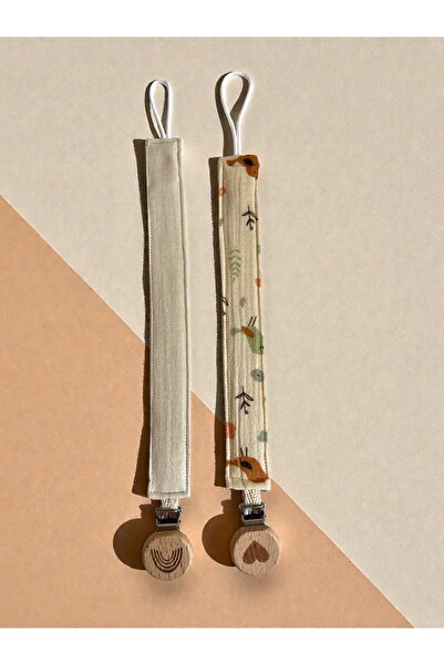 Lil Moi %100 Pamuk İkili Müslin Ahşap Klipsli Emzik Askısı - Emzik Zinciri