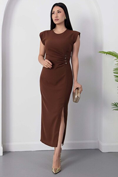 PULLIMM Crew Neck Buttoned Waist Slit Dress Grs3870