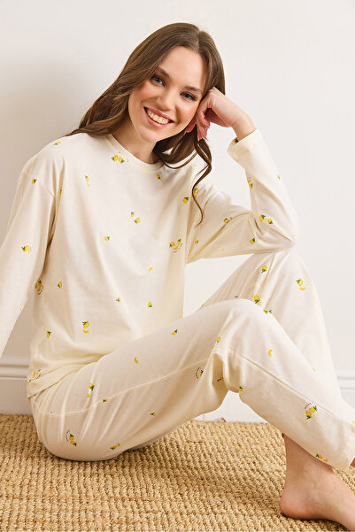 Olalook Women's Lemon Yellow 100% Cotton Long Sleeve Pajama Set Pjm-00000024