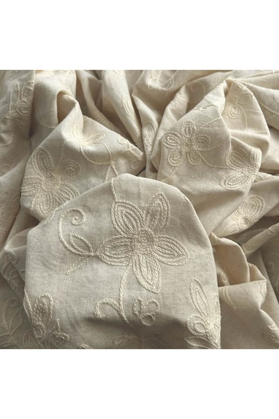 Doray Kumaş Keten Kumaş / Brode Çiçek İşlemeli Nakışlı Kumaş / 3014