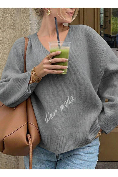Dier Moda Women's Gray V-Neck Oversize Knitwear Sweater, Knitwear Sweater Fmo...