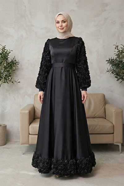 Kirazgym Women's Satin Hijab Evening Dress with Rose Detail on Skirt and Slee...