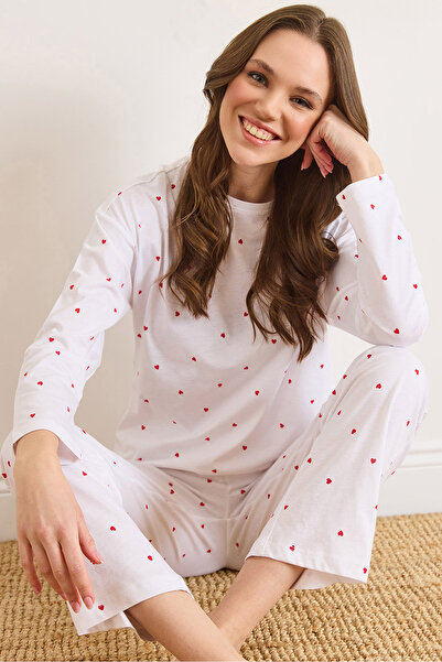 Olalook Women's White Heart 100% Cotton Long Sleeve Pajama Set Pjm-00000024