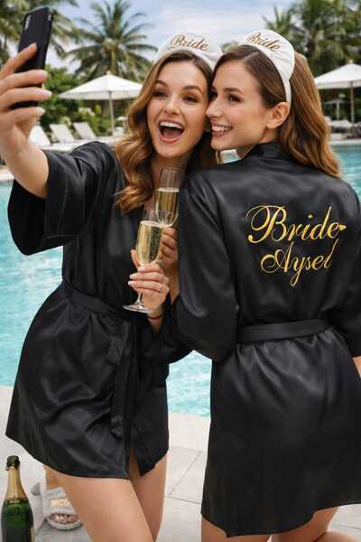 ALAZ TASARIM HOBİ Kişiye Özel Siyah Saten Gelin Sabahlığı Gold Yazılı Bride N...
