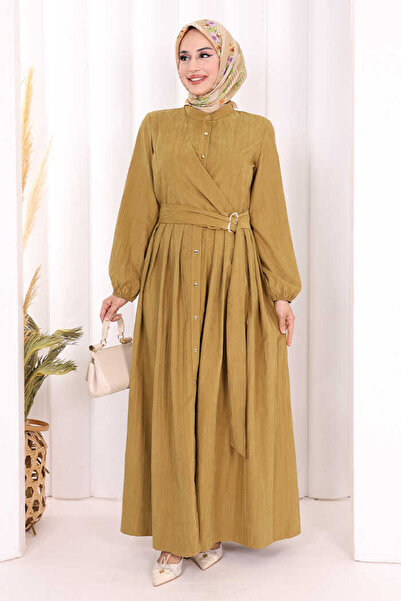 Bym Fashion Broş Detaylı Boydan Düğmeli Elbise 7059 Yağ Yeşili