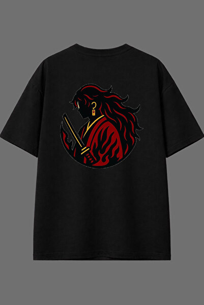 VSRN تي شيرت نسائي بتصميم الساموراي مطبوع من الخلف باللون الأسود مقاس كبير