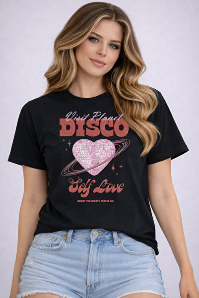 herkesemoda Диско Self Love Print Подробна базова тениска