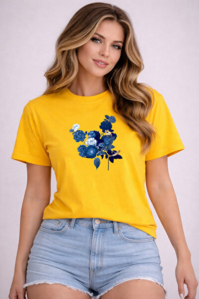 herkesemoda Basic T-Shirt with Blue Flowers Print Detail