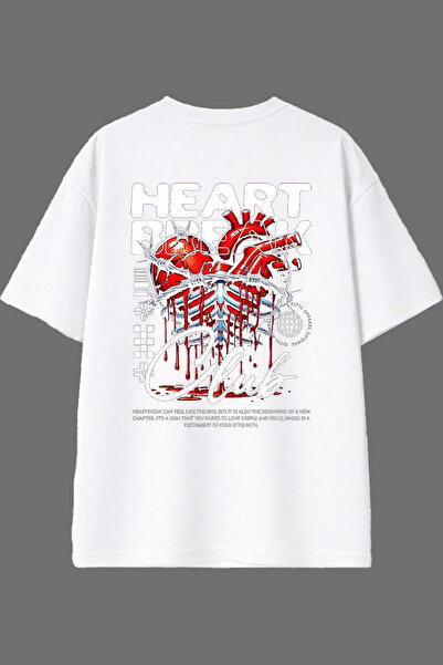 VSRN تي شيرت أبيض كبير الحجم بتصميم قلب مطبوع من الخلف