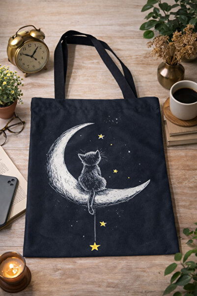 street&bagdnz Cat and Stars Printed on the Moon 2-Piece Combination Handbag a...